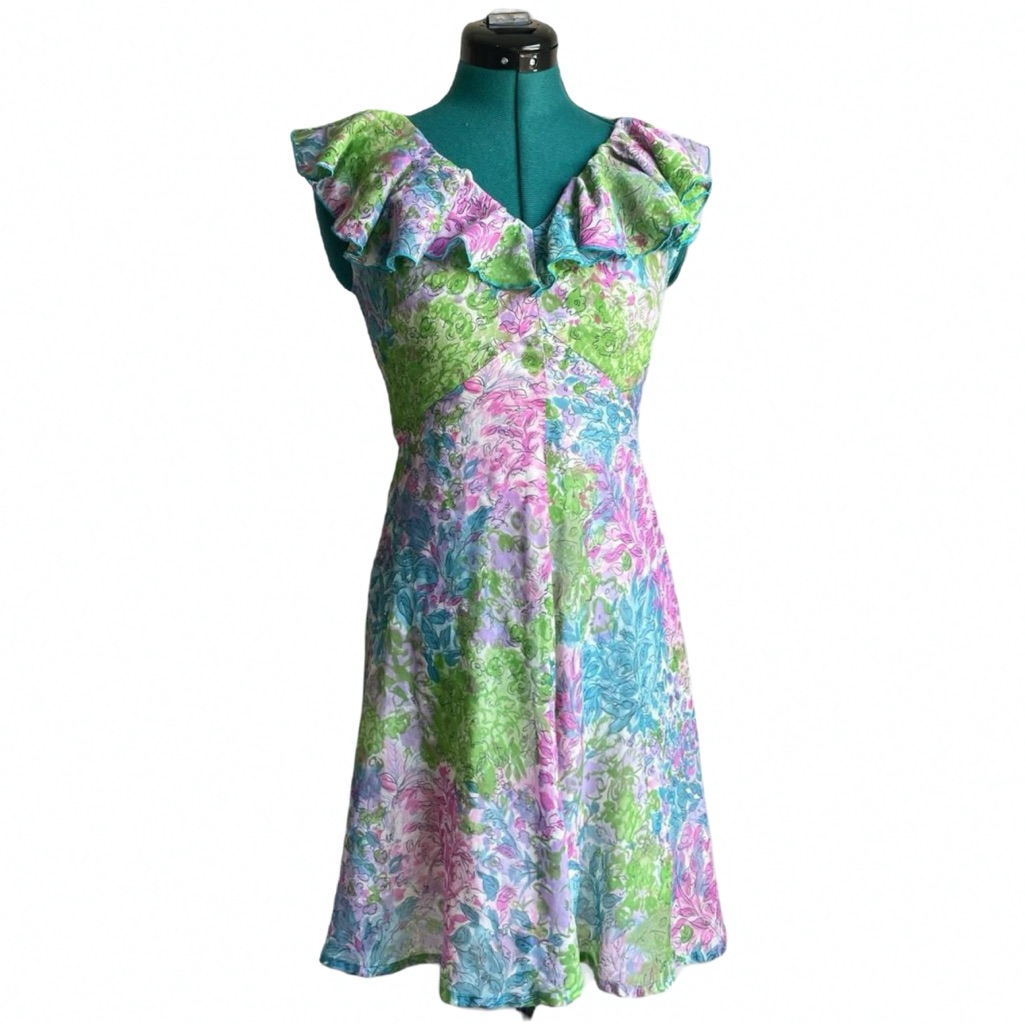 Vintage 60s 70s Floral Green, Blue, And Pink Ruffle Dress